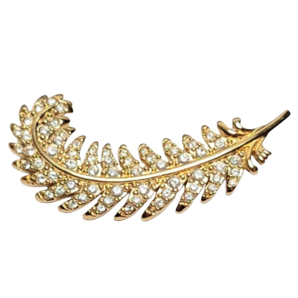 Swarovski Gold Tone Clear Rhinestone Feather Brooch Pin, Signed